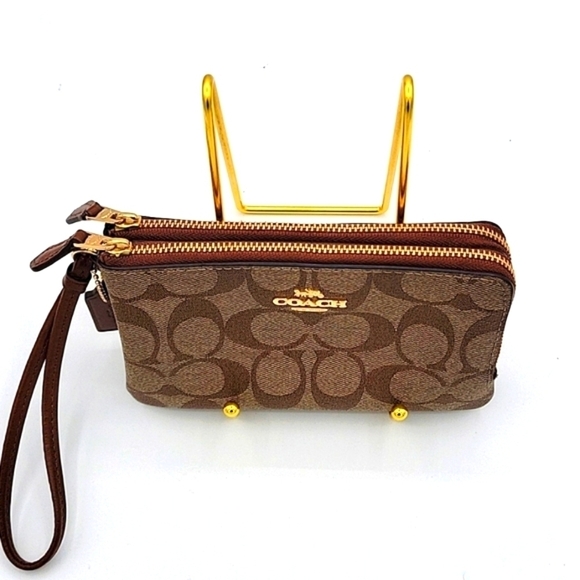 Coach Double Corner Zip Wristlet - Tan & Brown Coated Canvas w/ Hang Tag - 6”x4” - Picture 8 of 14